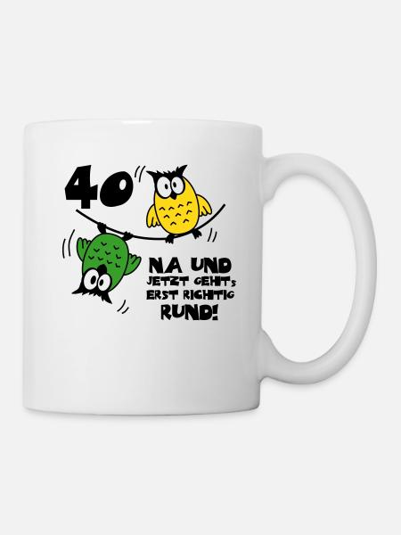 Geburtstag 40, Eulen am Drahtseil, rund - Tasse - Weiß