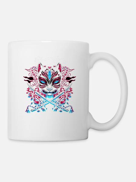 Japanischer Dämon Katzenstil Mit Katana Schwertern - Tasse - Weiß