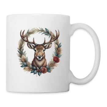 Hirsch mit Geweih in weihnachtlichem Kranz - Tasse - Weiß - Rechts