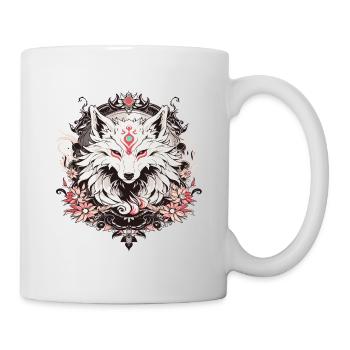 Ein Tattoo im Wolfsstil mit Blumen - Tasse - Weiß - Rechts