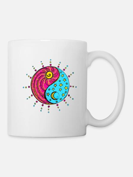 Yin Yang, soleil, lune, étoiles, symbole chinois - Mug blanc - blanc