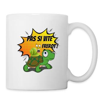 Tortue et escargot : "Pas si vite Frérot" - Mug blanc - blanc - Droite