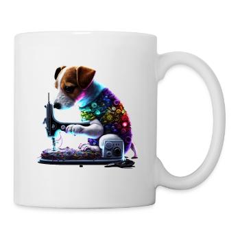 Jack Russel Hund näht mit Nähmaschine - Tasse - Weiß - Rechts