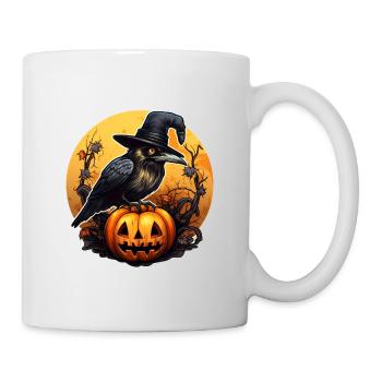Halloween raven with witch hat on pumpkin - Mug - white - Right
