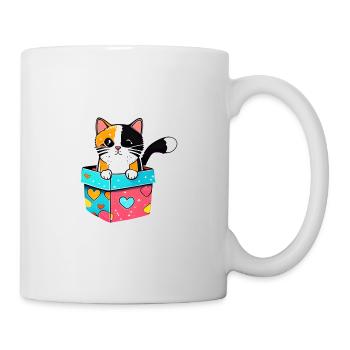 Eine orangefarbene Katze in einer Schachtel mit ihrem leuchtenden - Tasse - Weiß - Rechts