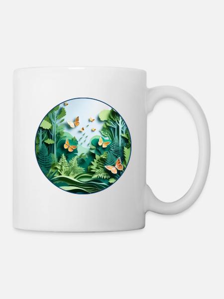 Butterfly and Forest 3D Papercut Circle - Mug - white