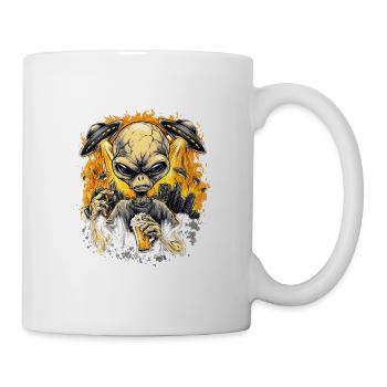 Alien with Beer and UFOs – Funny Sci-Fi Design - Mug - white - Right