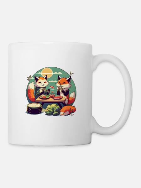 Süße Comic Füchse essen zusammen Sushi - Tasse - Weiß