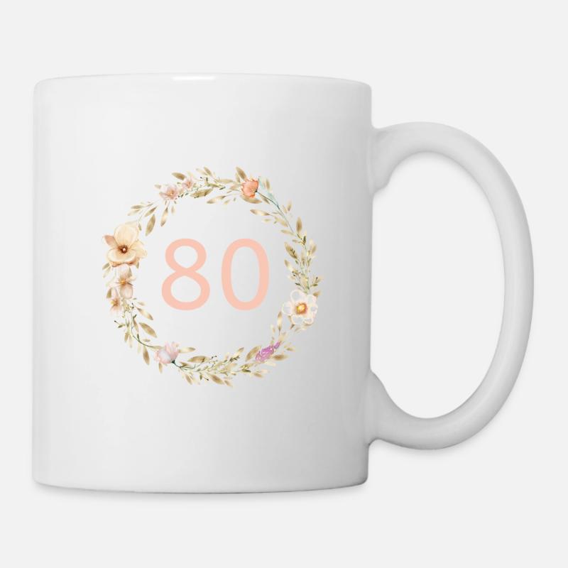 Personalisierbar Zahl 80, Blumenkranz, Boho - Tasse - Weiß