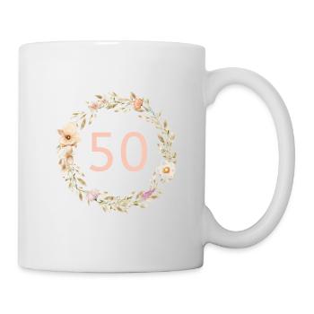 Personalisierbar Zahl 50, Blumenkranz, Boho - Tasse - Weiß - Rechts