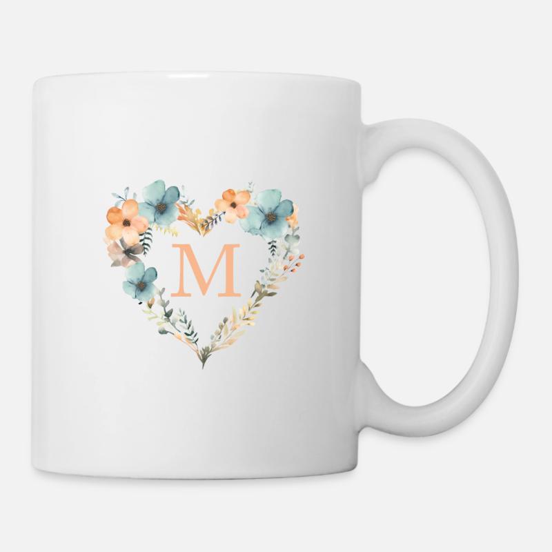 M Monogramm Herz Blumen Kranz - Tasse - Weiß