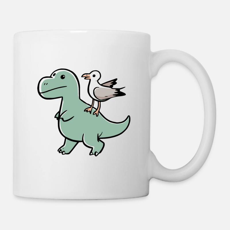 Grüner T-Rex Dino Dinosaurier mit Möwe - Tasse - Weiß