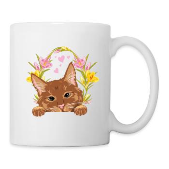 Peeking cute ginger cat with wreath of flowers - Mug - white - Right