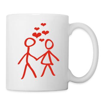 Verliebtes Paar mit roten Herzchen - Tasse - Weiß - Rechts