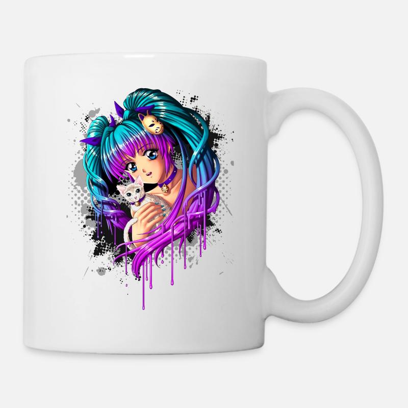 Kitten and Pigtail Manga Girl - Mug blanc - blanc