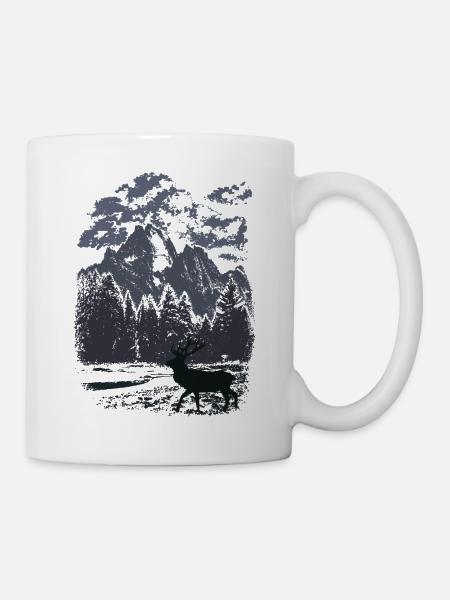 Bergwald und Rothirsch (Blau) - Tasse - Weiß