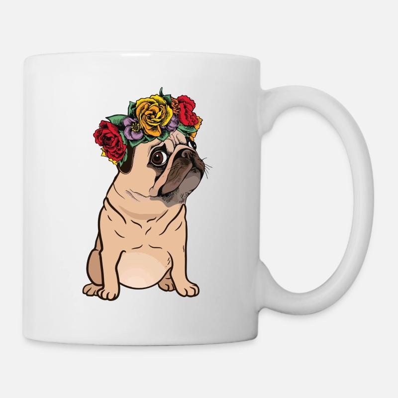 Mops Blumenkranz - Funny Pug Shirt - Tasse - Weiß