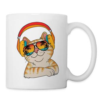 Katzen Katzenfreund Katzengesicht mit Kopfhörer - Tasse - Weiß - Rechts
