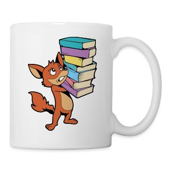 Cartoon Fuchs mit Bücherstapel - Bücherwurm - Tasse - Weiß - Rechts