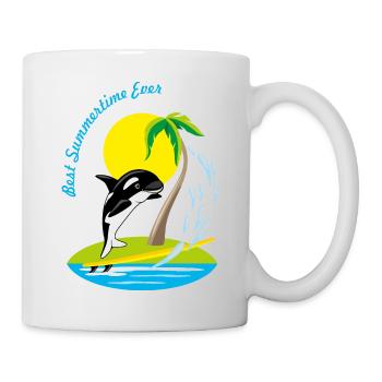 Baleine orque de dessin animé souriante sur une planche de surf - Mug blanc - blanc - Droite