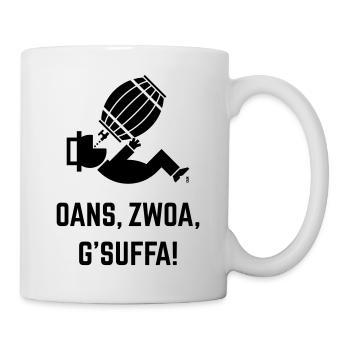 Oans, Zwoa, G’Suffa! (Bier Trinker Unter Bierfass) - Tasse - Weiß - Rechts
