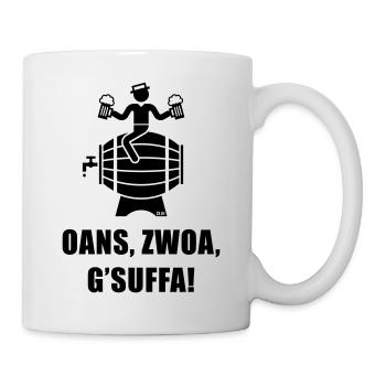 Oans, Zwoa, G’Suffa! (Bier Trinker Auf Bierfass) - Tasse - Weiß - Rechts