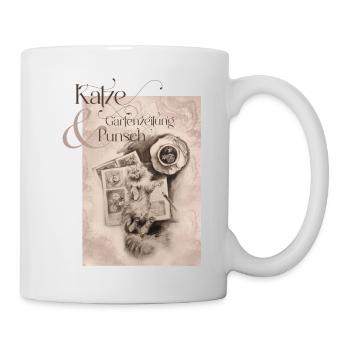 Katze, Gartenzeitung und Punsch II - Tasse - Weiß - Rechts