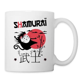 Shamuraï Cat Fighter, Lustige Samurai Schwarze Katze - Tasse - Weiß - Rechts