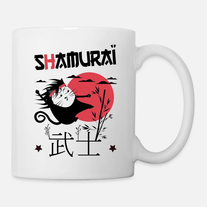 Shamuraï Cat Fighter, Drôle de Chat Noir Samuraï - Mug blanc - blanc