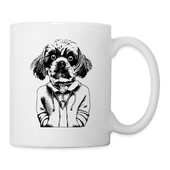 Kleiner Hund mit Kulleraugen in seinem Hoodie. - Tasse - Weiß - Rechts
