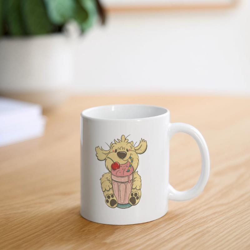 Cockapoo Thor mit rosa Milchshake Tasse