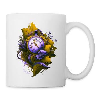 A retro vintage pocket watch surrounded by leaves - Mug - white - Right