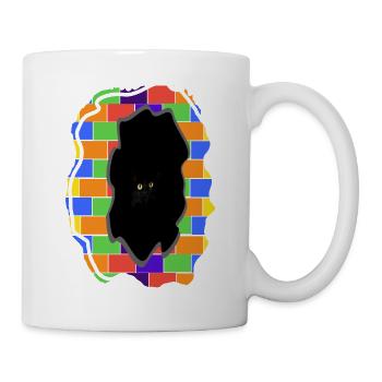 Black cat behind broken rainbow wall - Mug - white - Right