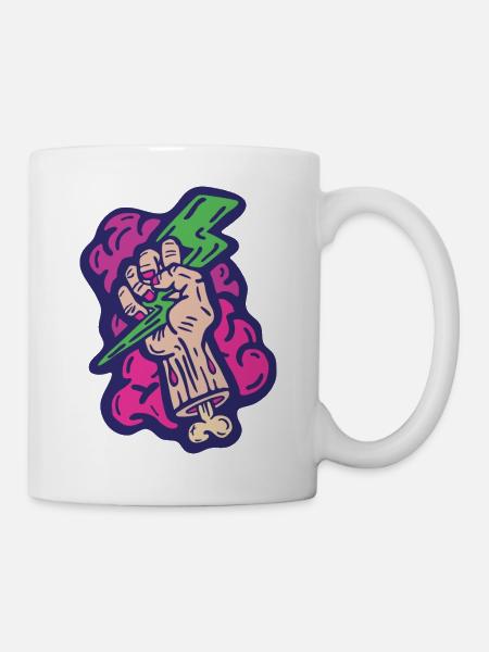 Hand Greifender Grüner Blitz Auf Rosa Geschwollener Wolke - Tasse - Weiß