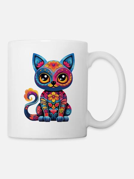 Dia De Los Muertos Katze Meowtos Bunt Blumen - Tasse - Weiß