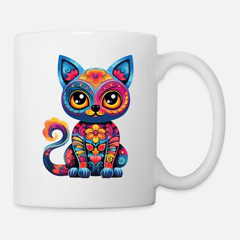 Dia De Los Muertos Katze Meowtos Bunt Blumen - Tasse - Weiß