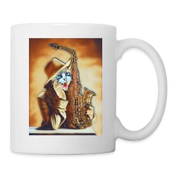 Chat qui joue du Saxo - Mug blanc - blanc - Droite