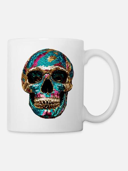 Skull, metallic, sequins, rivets, gold, silver - Mug - white