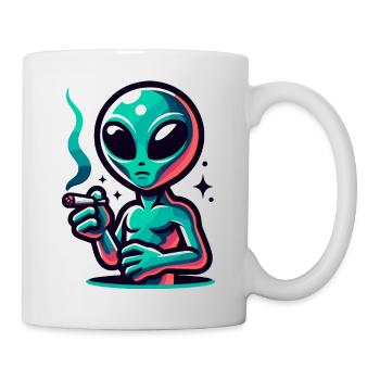 Alien mit Joint Zigarette rauchen - Tasse - Weiß - Rechts