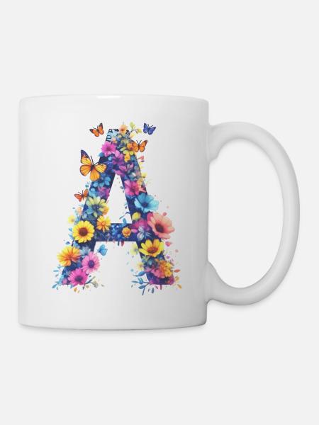 A – Floraler Anfangsbuchstabe 💐🌼🦋 - Tasse - Weiß