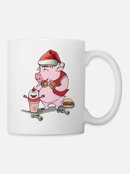 Nikolaus Weihnachtsmann Skater Skaten Schweinchen - Tasse - Weiß