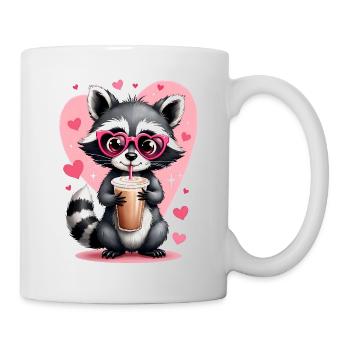 Süßer Waschbär mit Kaffee, umgeben von Herzen - Tasse - Weiß - Rechts