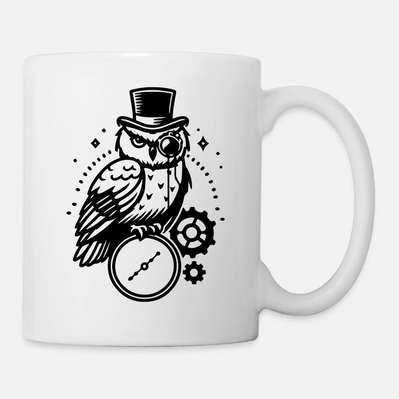 Steampunk Eule und Uhr Design - Tasse - Weiß