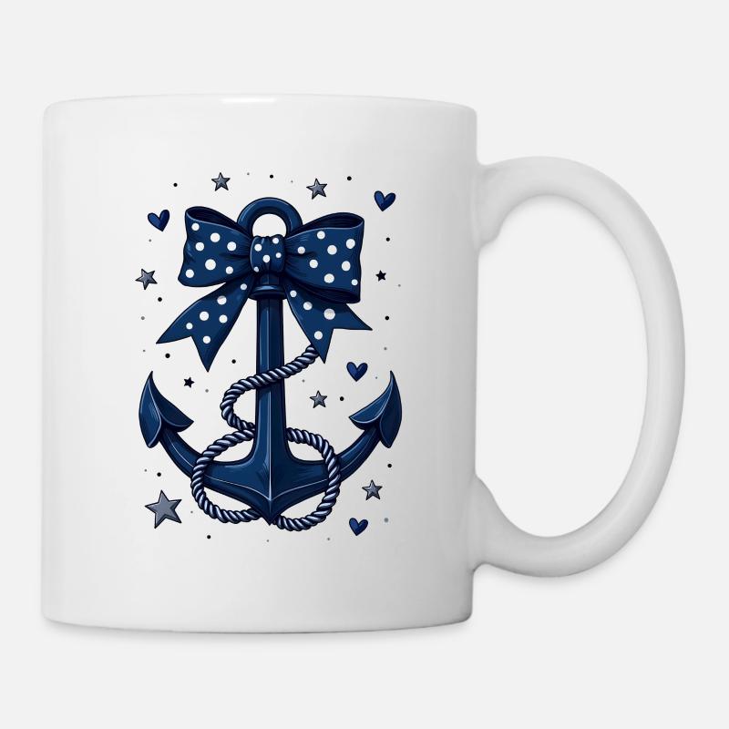 Blauer Anker mit gepunkteter Schleife - Tasse - Weiß