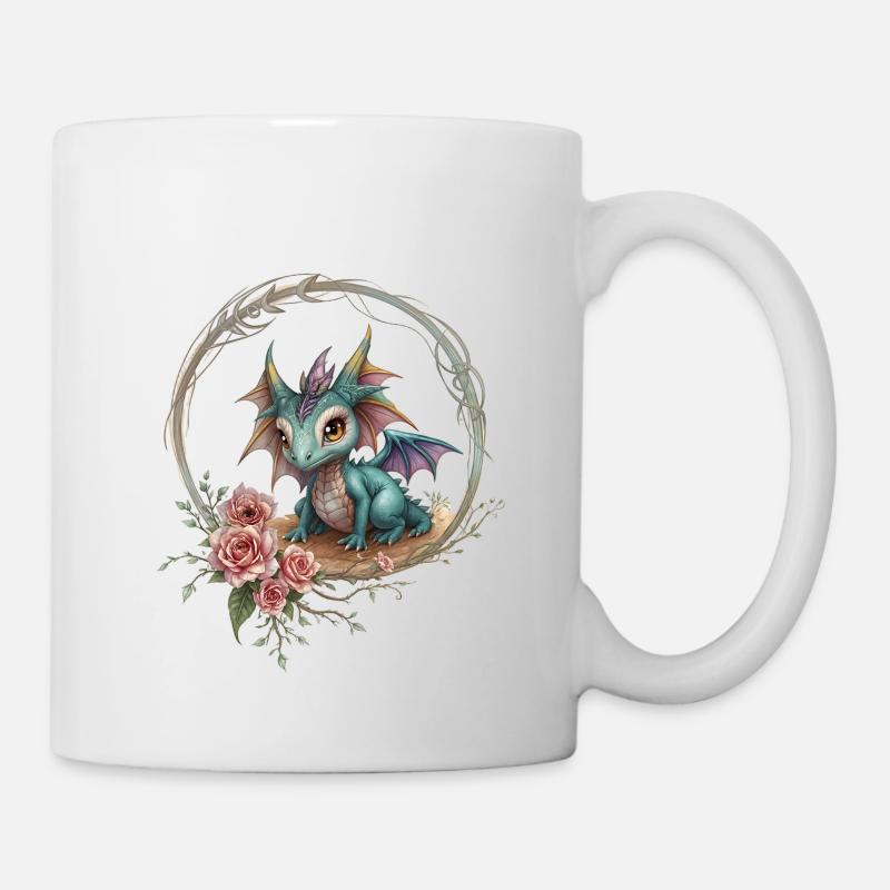 süßer kleiner Drache mit Blumen - Tasse - Weiß