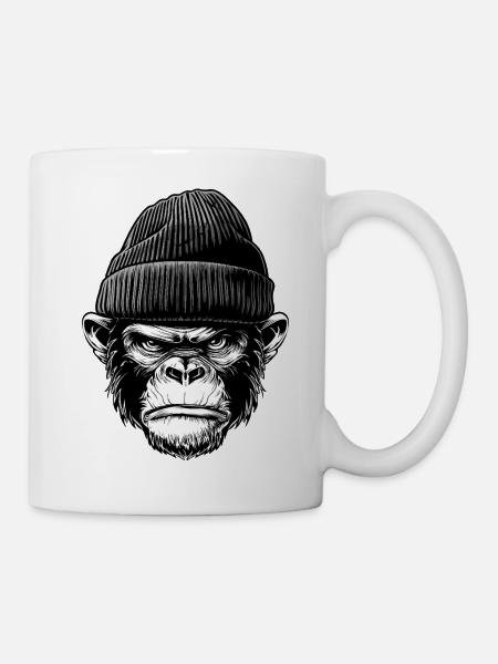 Angry Monkey in Beanie – Urban Street Art Graphic - Mug - white