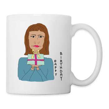 Happy Birthday! Illustration Frau hält Geschenk - Tasse - Weiß - Rechts