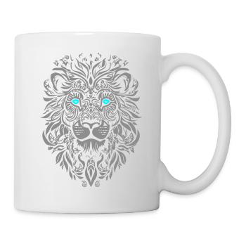 Silberne Löwe mit blauen Augen und Blattmuster - Tasse - Weiß - Rechts