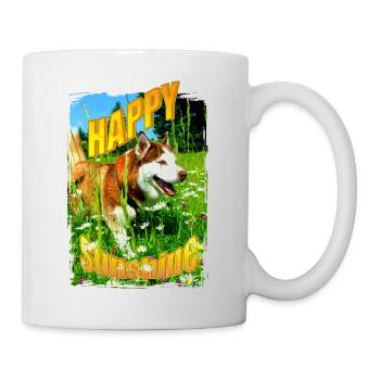 Fröhlicher Hund im Blumenfeld - Tasse - Weiß - Rechts