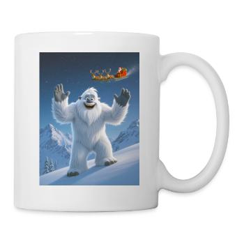 Yeti winkt dem über ihm fliegenden Weihnachtsmann zu - Tasse - Weiß - Rechts